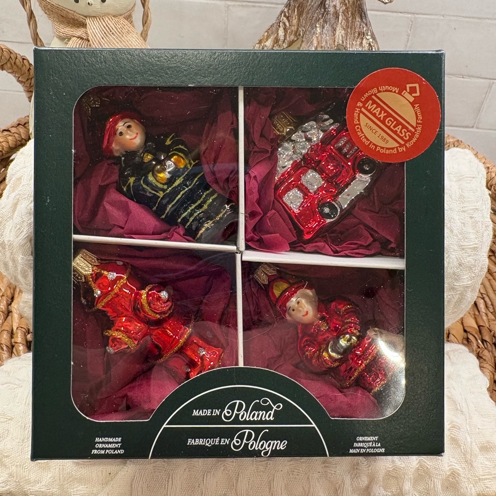 Handmade Polish Glass Firefighter Ornaments Set - Red and Black